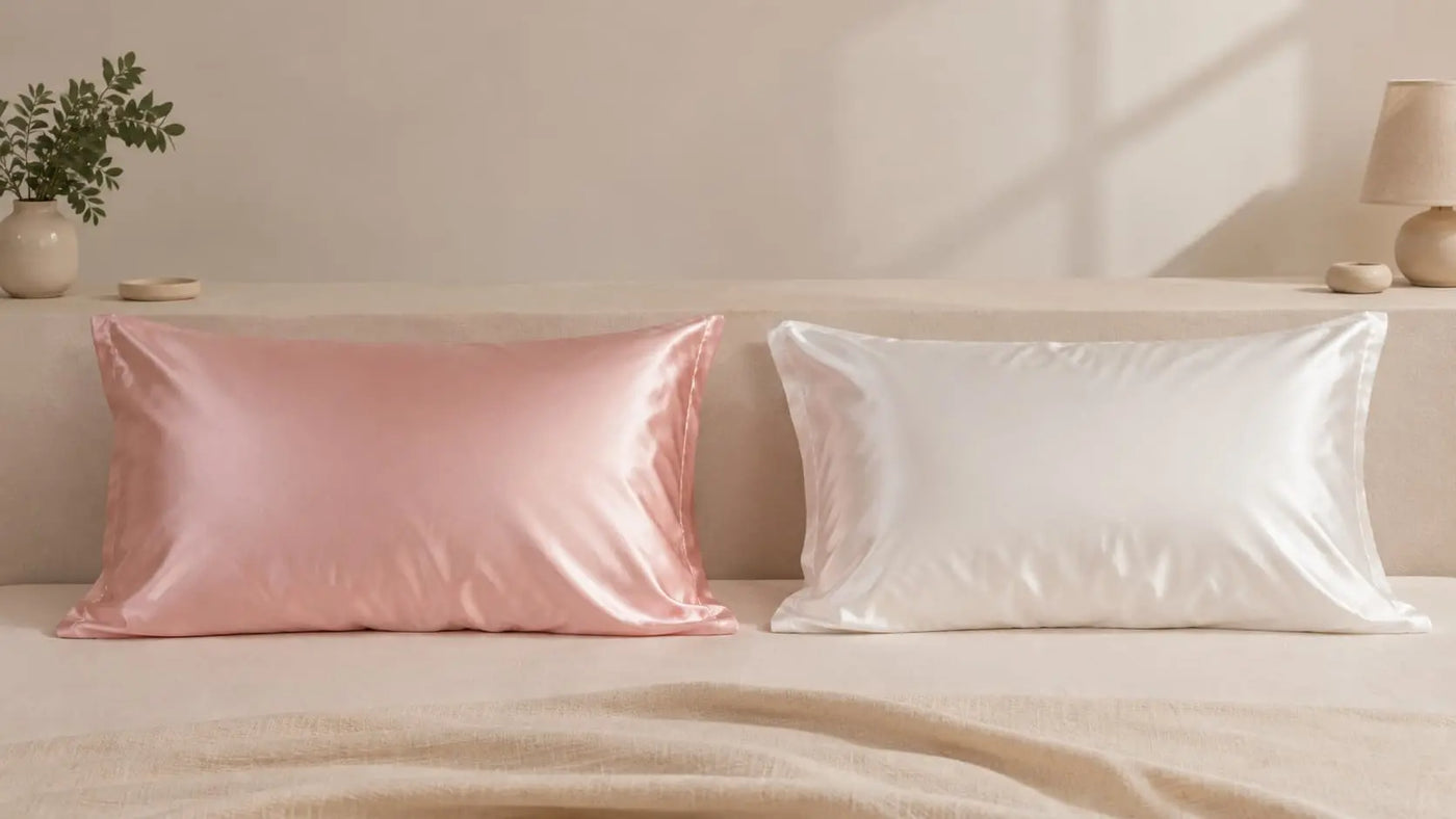Pink silk pillowcase beside a white polyester satin pillowcase on a neutral bed