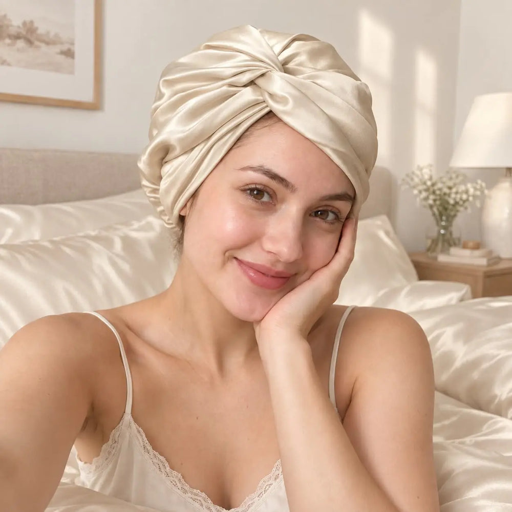 Woman wearing a light blue mulberry silk bonnet as part of an overnight hair routine