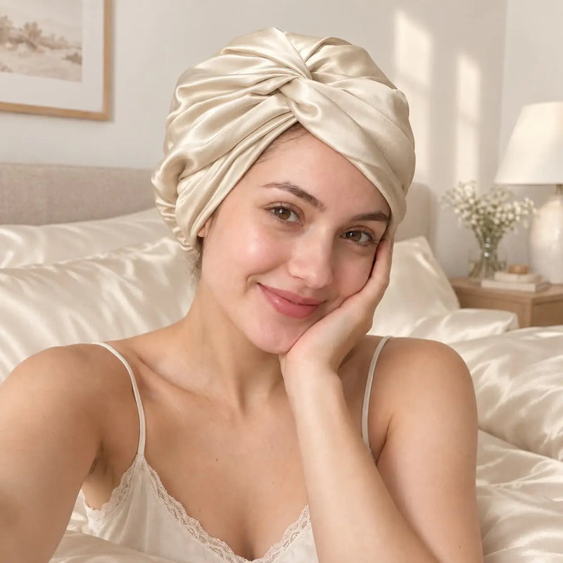 Woman wearing a light blue mulberry silk bonnet as part of an overnight hair routine