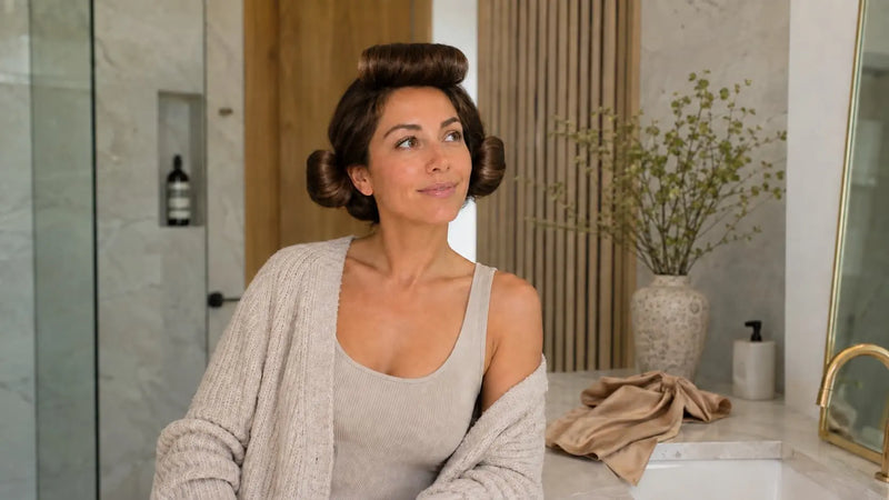 Woman using champagne heatless curlers as part of an overnight hair routine
