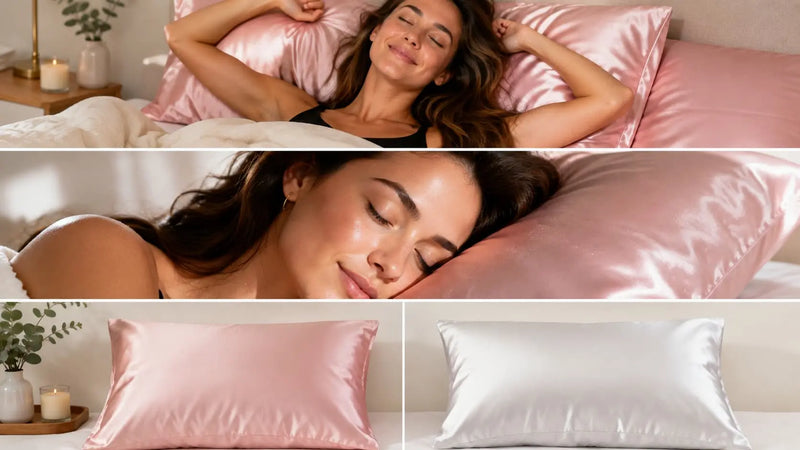 Two women sleeping on pink silk pillowcases above pink and white silk pillowcases