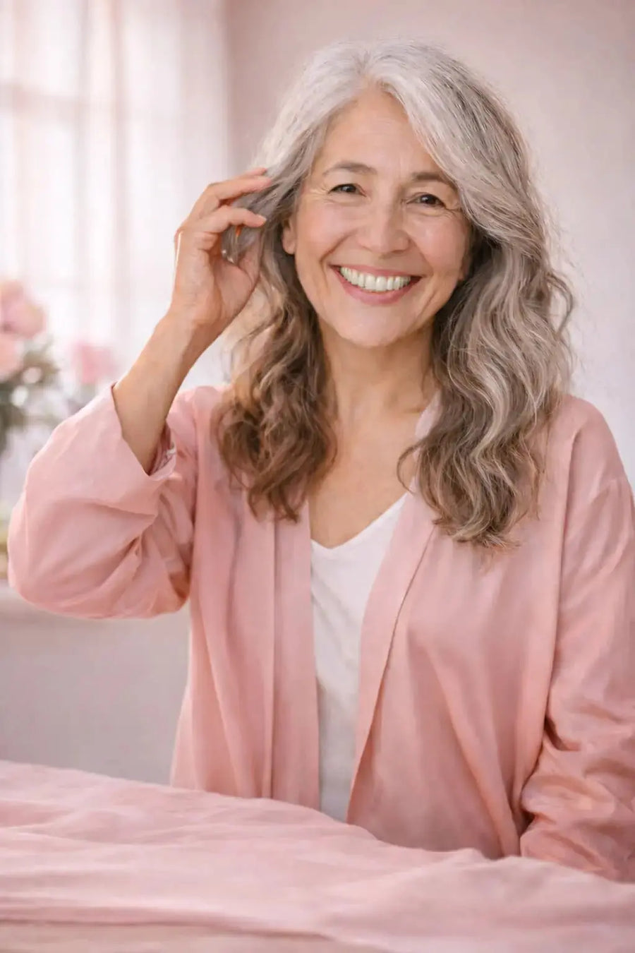 Woman holding velvet heatless curlers for soft overnight waves