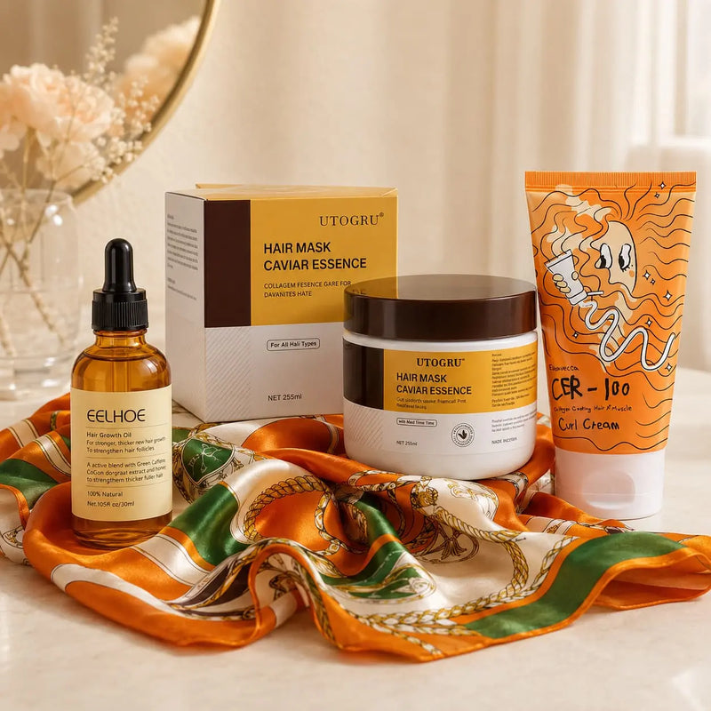 Hair care products with nourishing hair oil, curl cream and satin scarf for smoother curls
