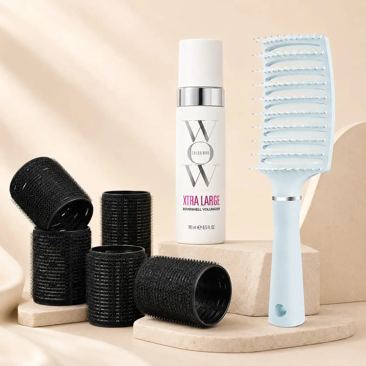 Blowout and volume hair tools with rollers, volumizing mousse and anti-static brush