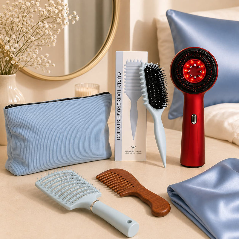 Hair accessories for soft curls with satin pillowcase, curl brush, wooden comb, storage pouch and styling tools