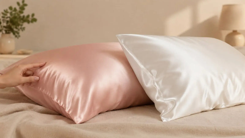Close-up comparison of a pink silk pillowcase and a white polyester satin pillowcase