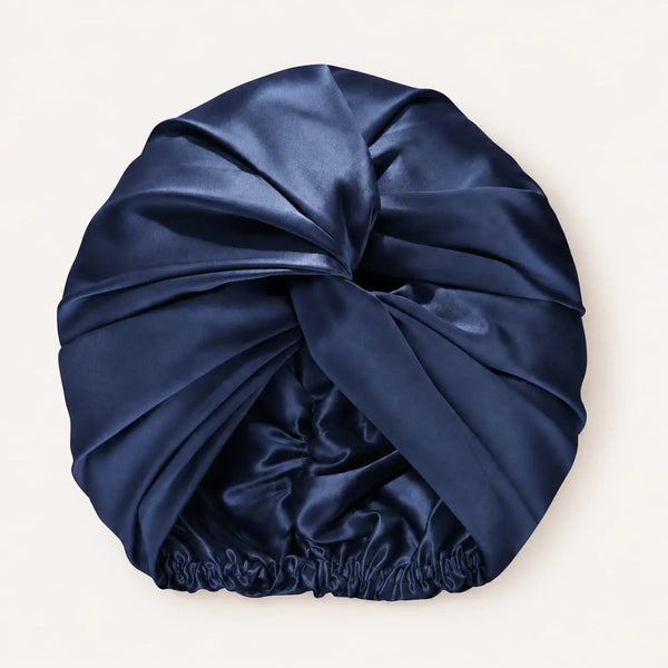 Navy blue 19 momme mulberry silk bonnet by Revitalysse