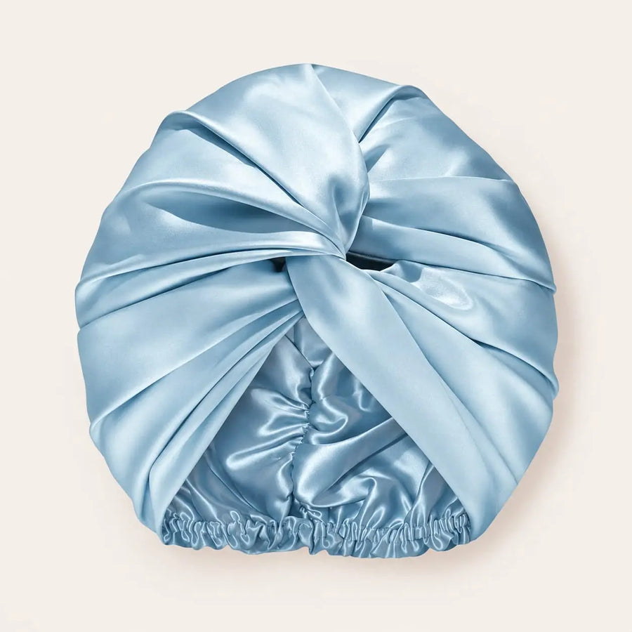 Light blue 19 momme mulberry silk bonnet for a nighttime hair routine