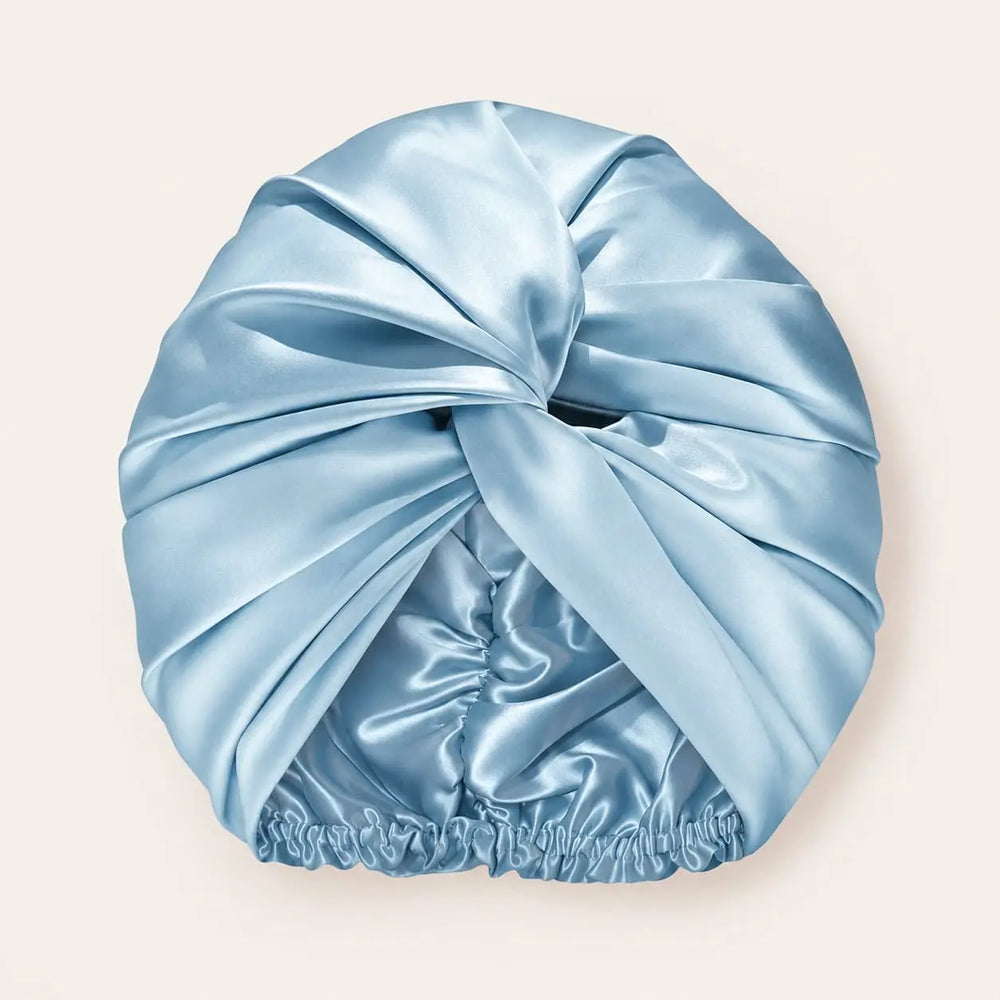 Light blue 19 momme mulberry silk bonnet by Revitalysse