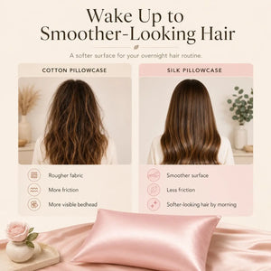 Pink silk pillowcase set with packaging for overnight hair care routine