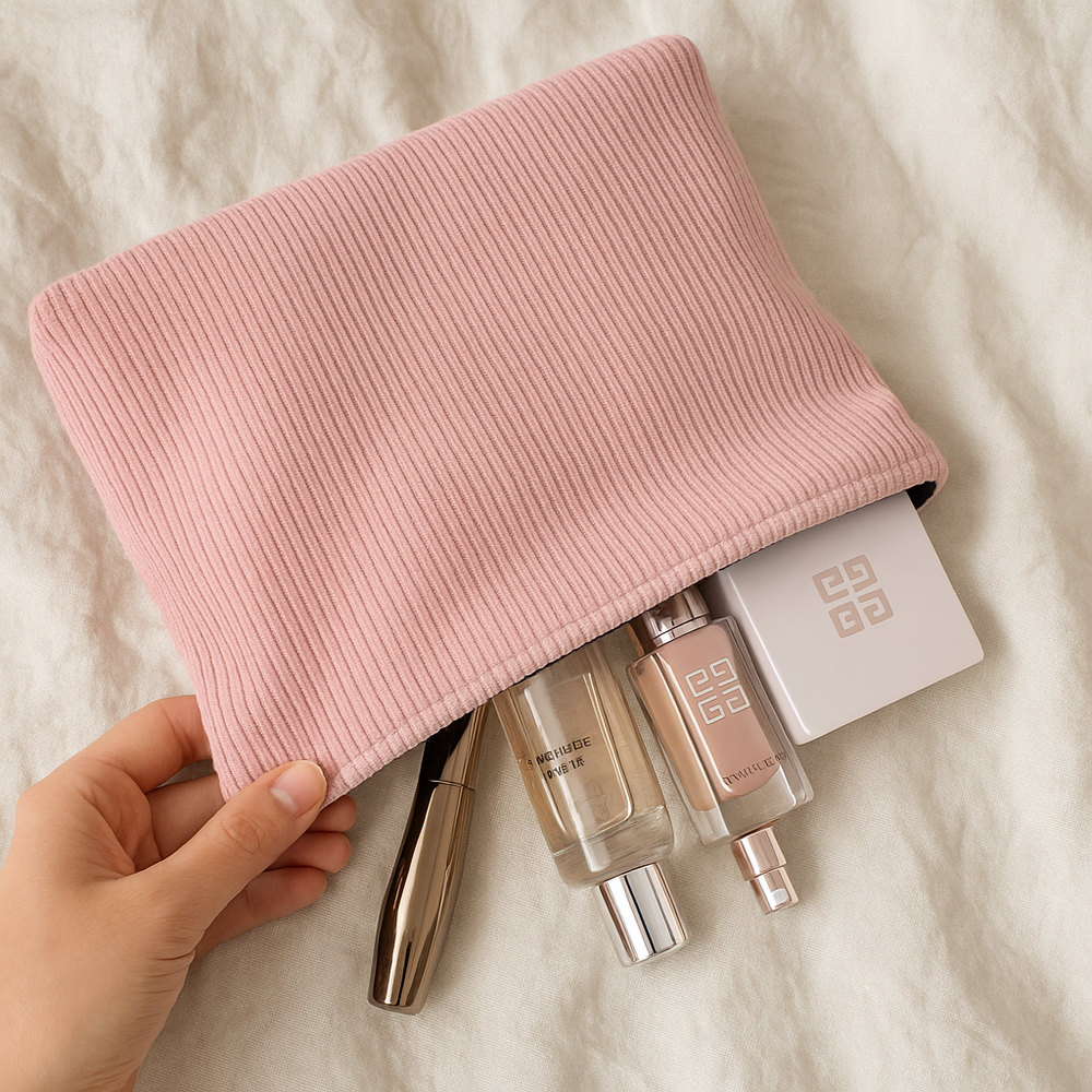Corduroy travel pouch for beauty accessories.