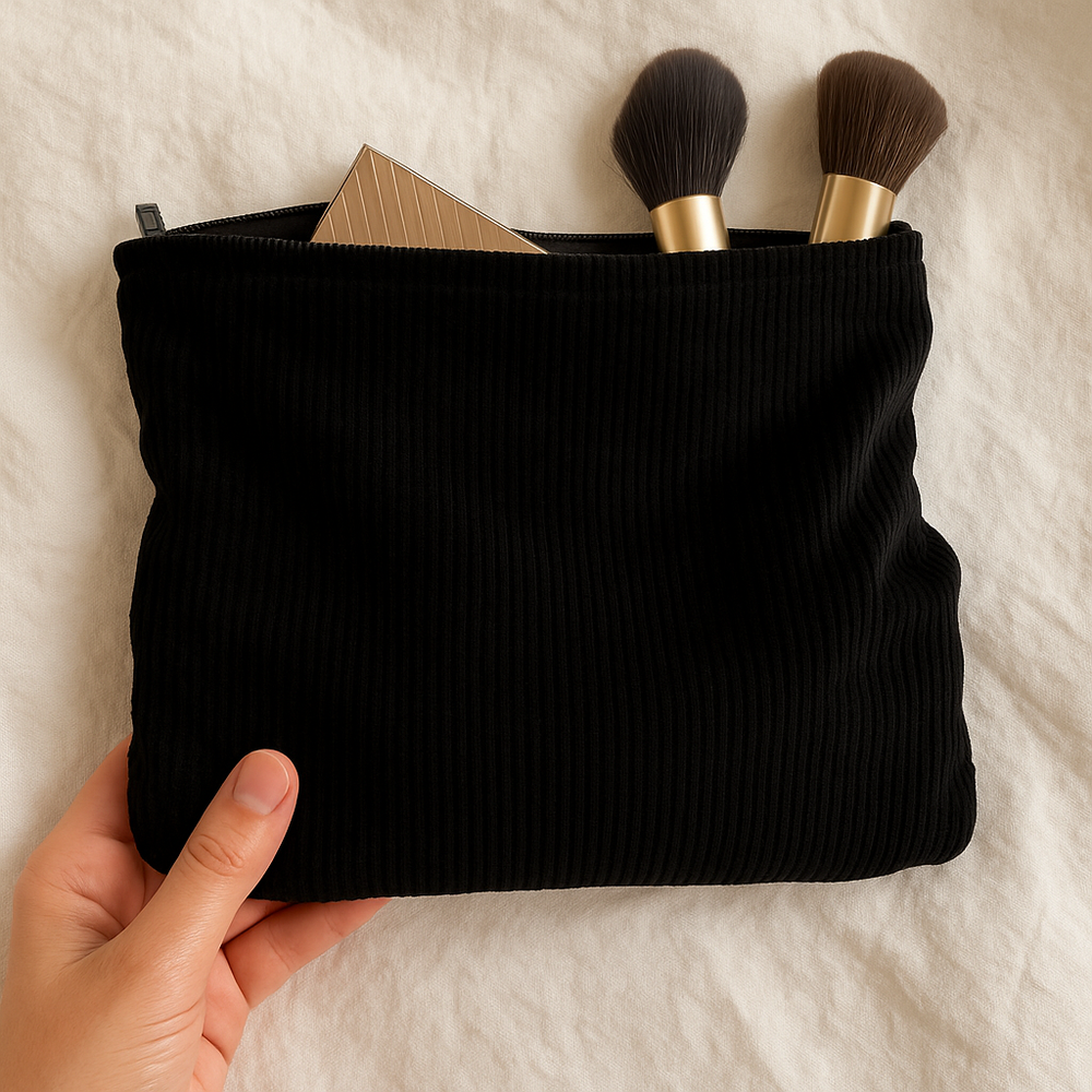 Corduroy travel pouch for beauty accessories.