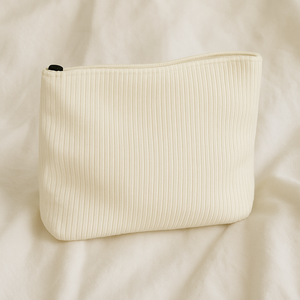 Corduroy travel pouch for beauty accessories.