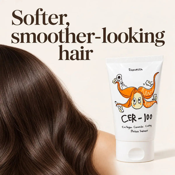 Elizavecca CER-100 Protein Treatment beside smooth brown hair