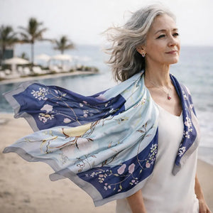 Blue hair scarf satin worn as a light wrap for elegant styling