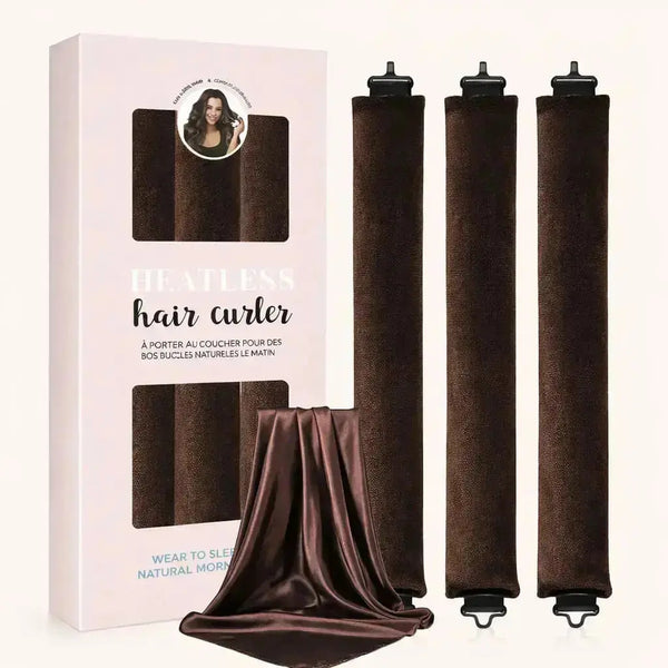 Brown velvet heatless curlers set with satin scarf for overnight curls