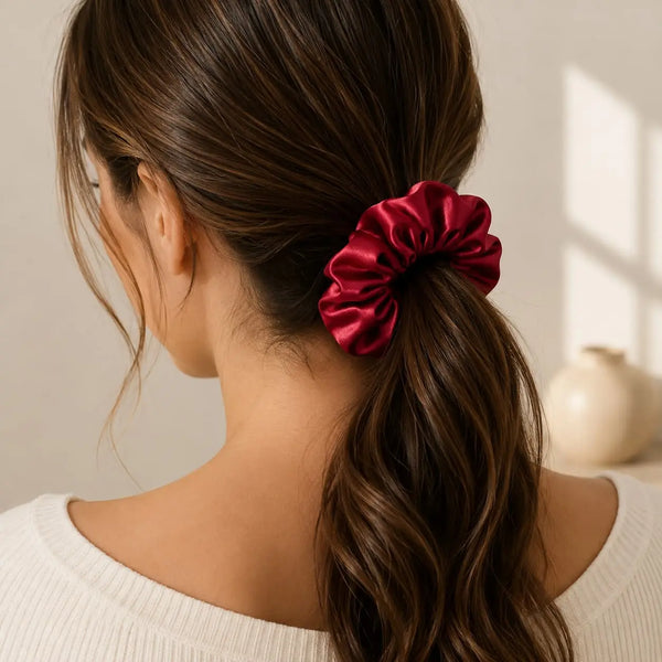 Woman wearing a burgundy 30 momme 6A silk scrunchie in a loose low ponytail