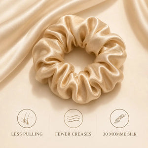 Champagne 30 momme 6A silk scrunchie highlighting less pulling, fewer creases and gentle hair styling