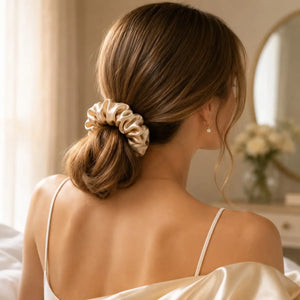Woman wearing a champagne 30 momme 6A silk scrunchie in a loose low bun
