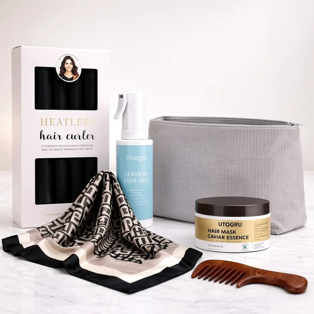 Complete Luxury Curl Ritual Black Set with overnight heatless curlers, curl spray, caviar hair mask, satin scarf, wooden comb and storage pouch