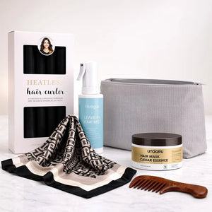 Complete Luxury Curl Ritual Black Set with overnight heatless curlers, curl spray, caviar hair mask, satin scarf, wooden comb and storage pouch
