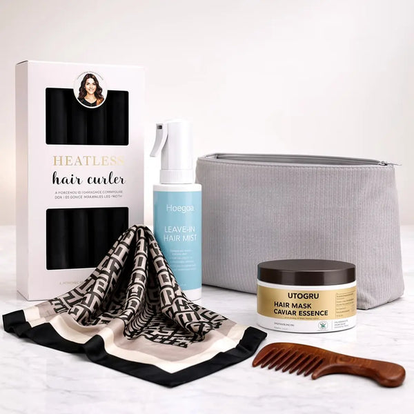 Complete Luxury Curl Ritual Black Set with overnight heatless curlers, curl spray, caviar hair mask, satin scarf, wooden comb and storage pouch