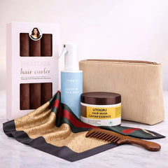 Complete Luxury Curl Ritual Brown Set with overnight heatless curlers, curl spray, caviar hair mask, satin scarf, wooden comb and storage pouch