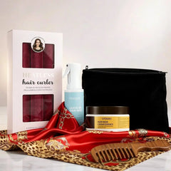 Complete Luxury Curl Ritual Red Set with overnight heatless curlers, curl spray, caviar hair mask, satin scarf, wooden comb and storage pouch