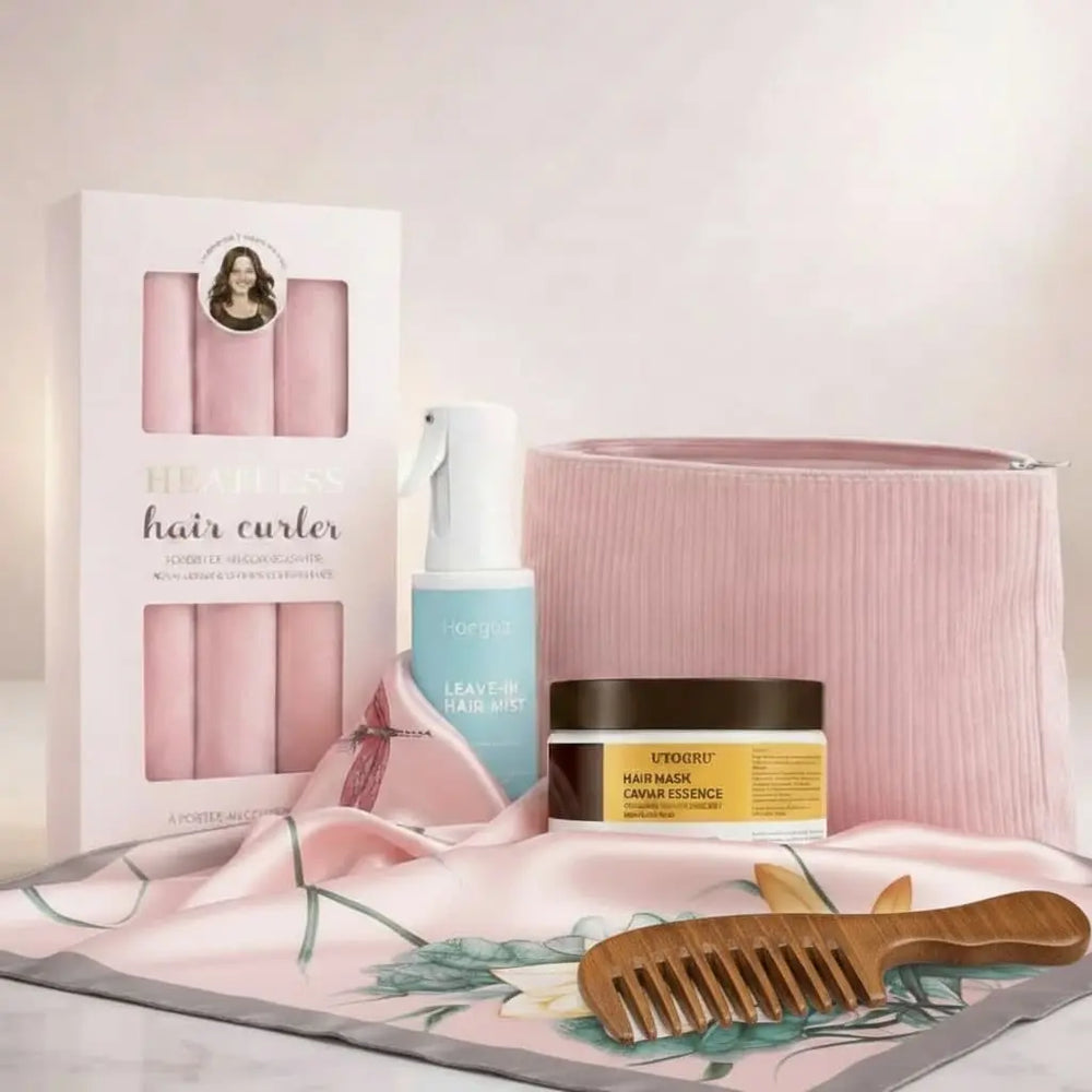 Complete Luxury Curl Ritual Set with overnight heatless curlers, curl spray, caviar hair mask, satin scarf, wooden comb and storage pouch
