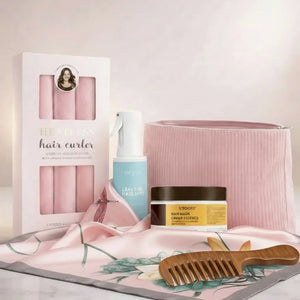 Complete Luxury Curl Ritual Set with overnight heatless curlers, curl spray, caviar hair mask, satin scarf, wooden comb and storage pouch
