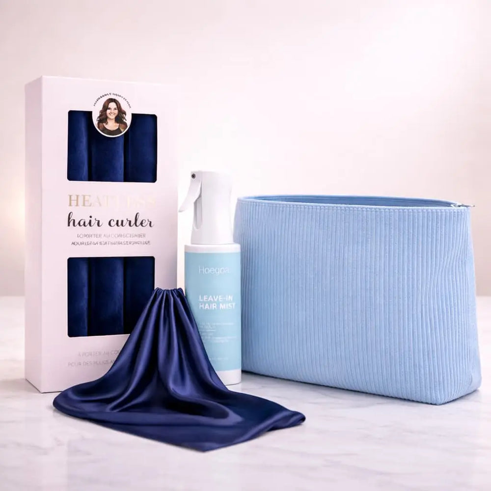 Curl Essentials Blue Set with heatless curlers, curl spray, satin scarf and storage pouch