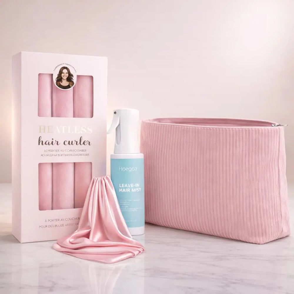 Curl Essentials Pink Set with heatless curlers, curl spray, satin scarf and storage pouch