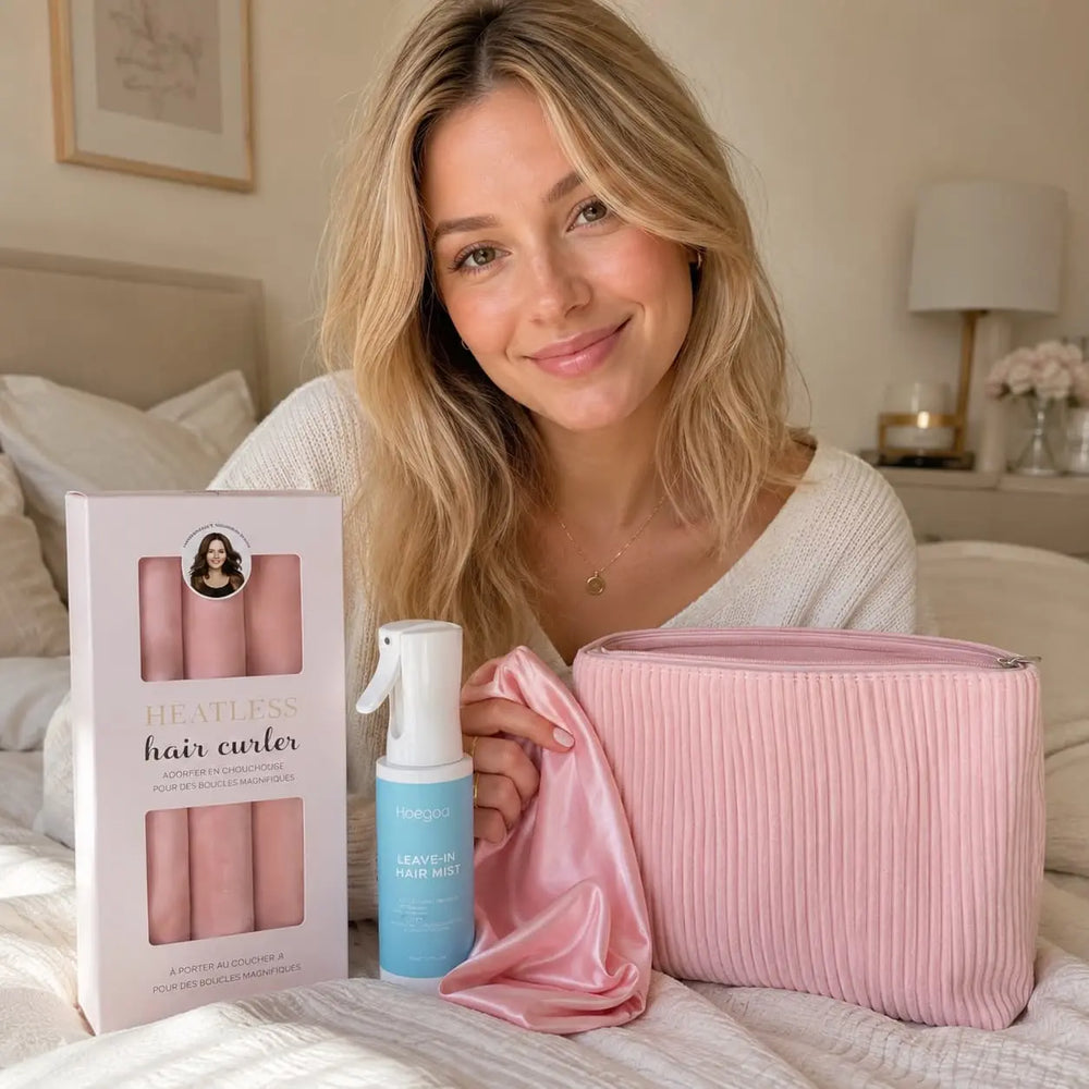Curl Essentials Pink Set with heatless curlers, curl spray, satin scarf and storage pouch