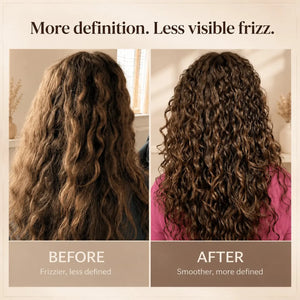 Before and after showing more defined curls and less visible frizz after using a curly hair brush
