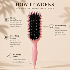 Curly hair brush showing flexible detangling pins, smoothing bristles, curl-defining edges and sectioning handle