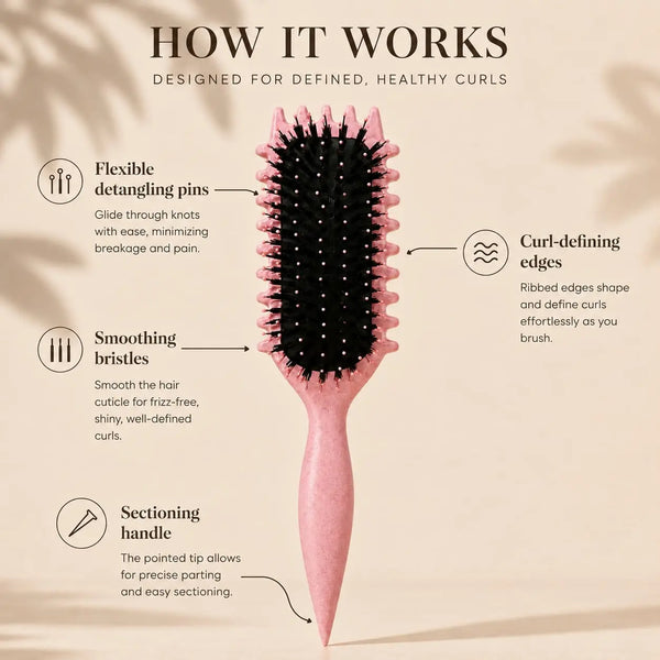 Curly hair brush showing flexible detangling pins, smoothing bristles, curl-defining edges and sectioning handle