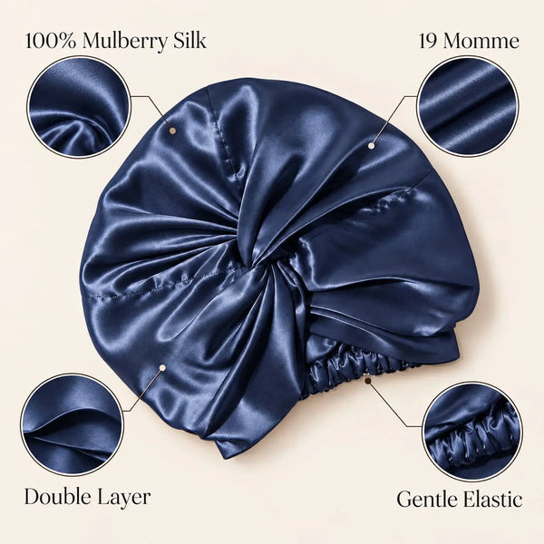 Navy blue double-layer mulberry silk bonnet with inside and outside views