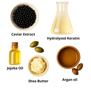 Hair mask for dry hair ingredients with keratin, caviar, jojoba oil, shea butter and argan oil