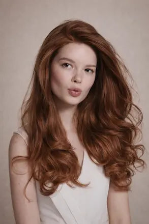 Woman with long auburn hair and soft voluminous waves