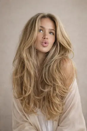 Woman with long blonde hair and soft voluminous waves