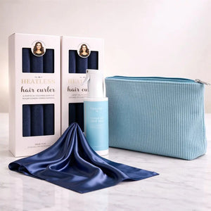 Long Hair Curl Essentials Blue Set with heatless curlers for long hair, curl spray, satin scarf and storage pouch