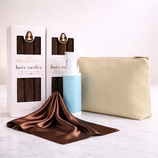 Long Hair Curl Essentials Brown Set with heatless curlers for long hair, curl spray, satin scarf and storage pouch