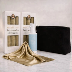 Long Hair Curl Essentials Gold Set with heatless curlers for long hair, curl spray, satin scarf and storage pouch