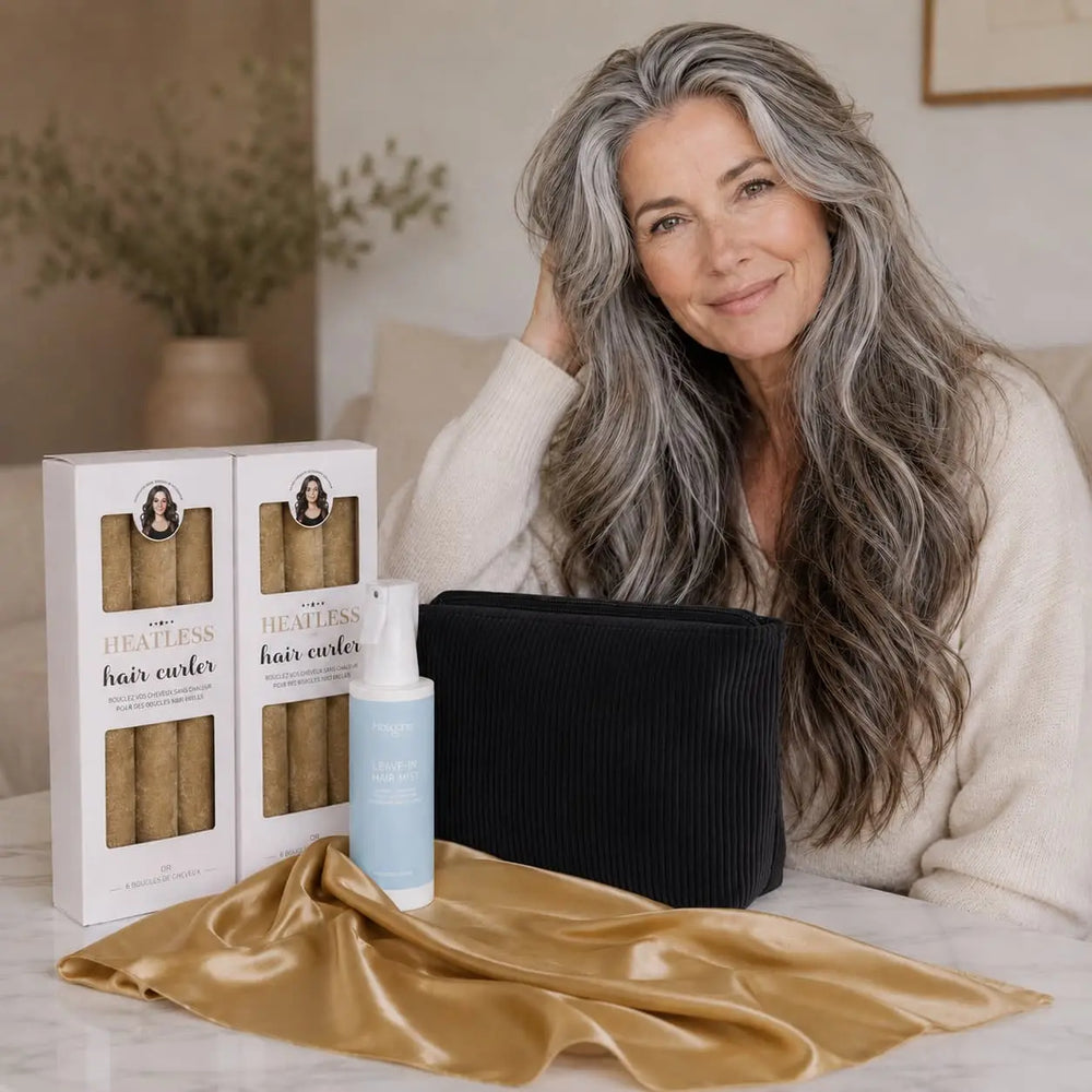 Long Hair Curl Essentials Gold Set with heatless curlers for long hair, curl spray, satin scarf and storage pouch