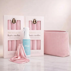 Revitalysse Long Hair Curl Essentials set with pink heatless curlers, hair mist, satin scarf and pouch