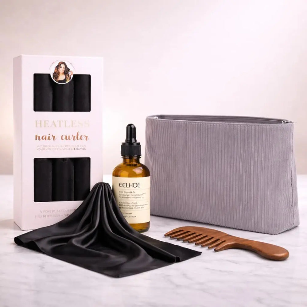 Natural Curl Ritual Black Set with heatless curlers, nourishing hair oil, wooden comb and storage pouch
