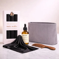 Natural Curl Ritual Black Set with heatless curlers, nourishing hair oil, wooden comb and storage pouch