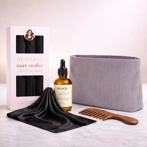 Natural Curl Ritual Black Set with heatless curlers, nourishing hair oil, wooden comb and storage pouch