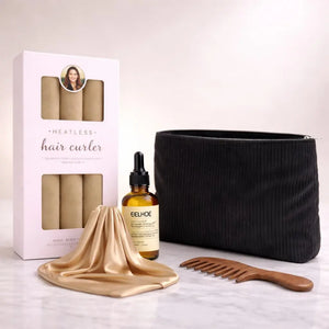 Natural Curl Ritual Gold Set with heatless curlers, nourishing hair oil, wooden comb and storage pouch