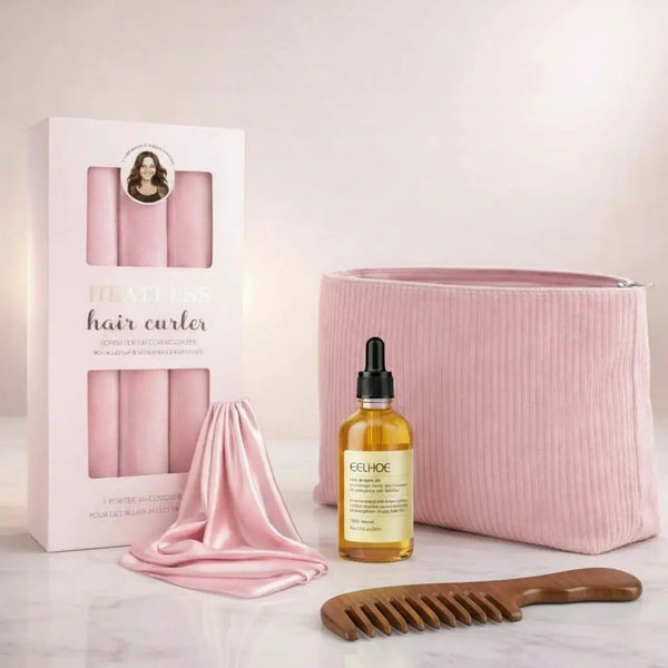 Natural Curl Ritual Pink Set with heatless curlers, nourishing hair oil, wooden comb and storage pouch
